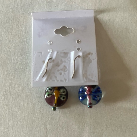 Bead earrings with hand painted dragonfly on front & back - Picture 2 of 3